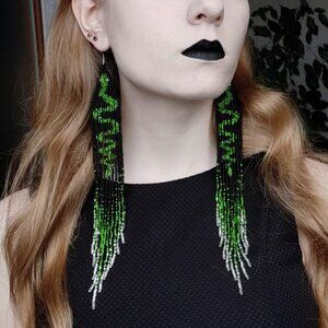 BEAD EARRINGS SNAKE CZECH BEADS BLACK GREEN SILVER VERY LONG EARRINGS 9 INCH